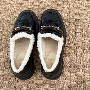 Sam Edelman Black Lug Soled Loafers with Gold Accent